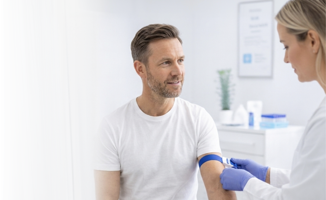 Läkare och patient vid blodprovtagning